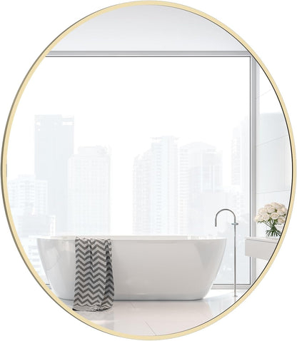 WallBeyond Wood Round Mirror with Wood Frame 24 inch Circle Wall Mirror for Bathroom Round Wall Mirror for Wall Decor, Vanity, Entryway Living Room (Walnut)