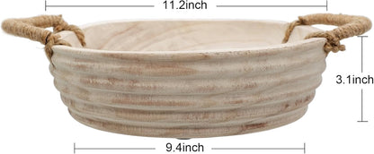 Wooden Decorative Bowls, 11.2 Inch Premium Round Serving Bowl with Rope Handles for Home Decor, Round Paulownia Wood Centerpiece Bowl for Coffee Table(Natural)