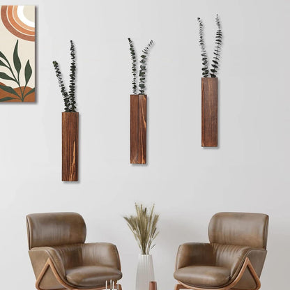 Wooden Wall Planter Set of 4 - Modern Home Decor for Living Room, Bedroom, Bathroom - Walnut Finish Planter for Dried Flowers, Faux Greenery, Indoor Plants