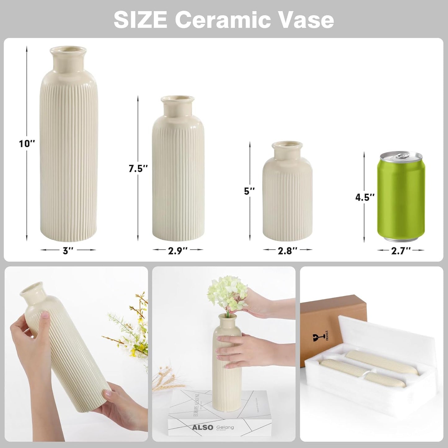 Small White Ceramic Vase Set of 3, Boho Modern White Flower Vase Room Decor, Farmhouse Decor, Vases for Your Kitchen, Bathroom, Bedroom, Living Room, Office&Shelf Centerpiece Table Decorations