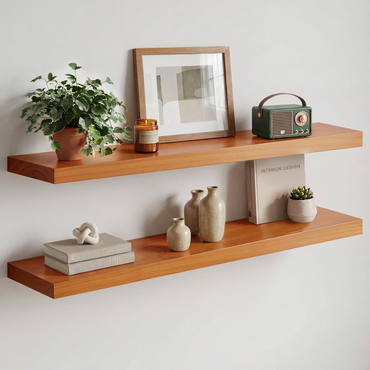 Homeforia 24 inch Natural Floating Shelf, High End Solid Real Wood 24inch Small Floating Shelves for Wall Mounted, Natural Wooden Floating Shelves, Heavy Duty Bracket, 24 X 6.5 X 1.75 in, Set of 2