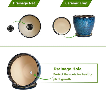 10 Inch Ceramic Planter Pot Round Plant Pot for Indoor Plants Outdoor Large Flower Pot with Drainage Hole and Saucer Blue
