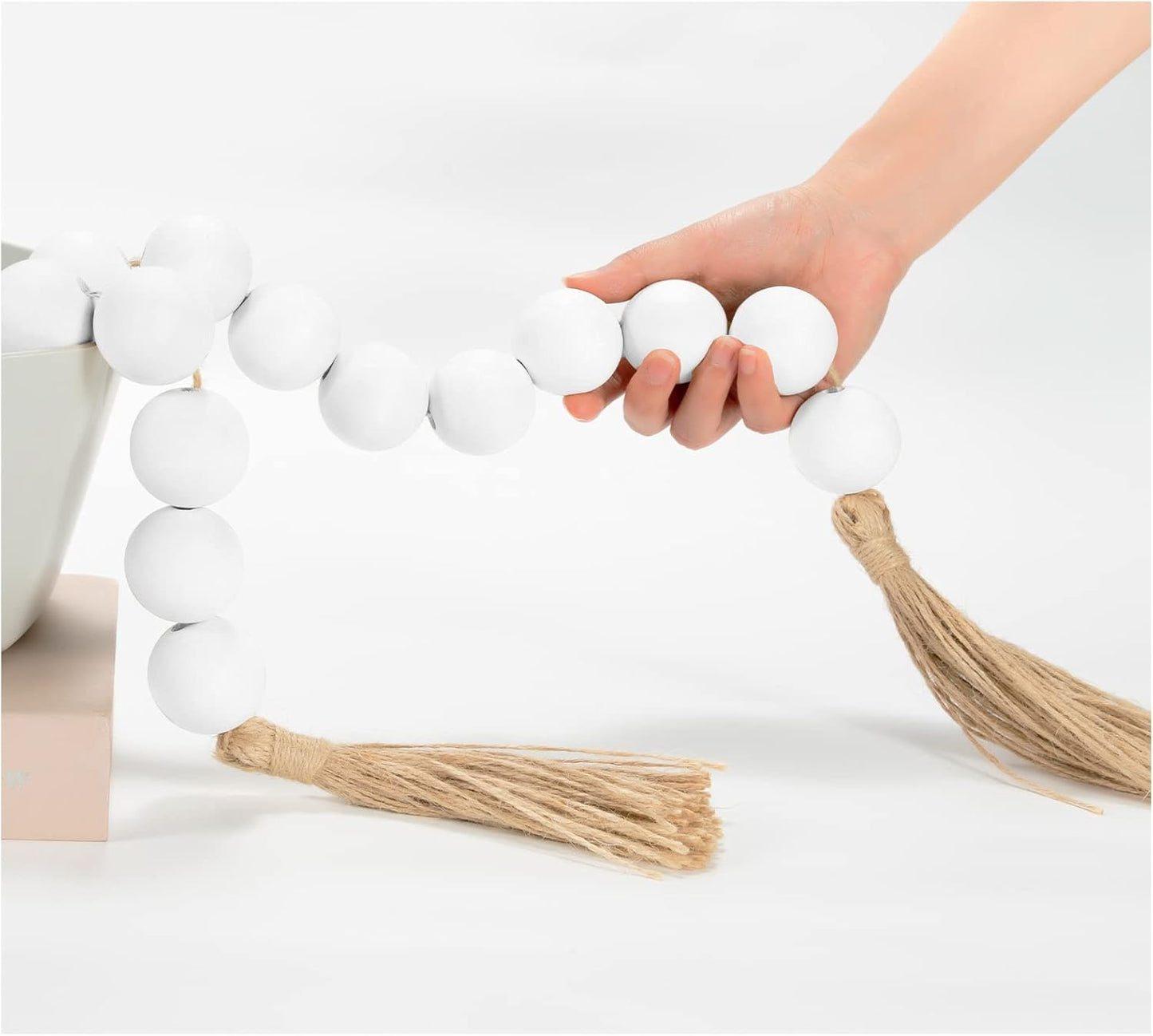 OMISHE Extra Large Wood Bead Garland with 1.6" Diameter Wooden Beads and Tassels, 41" Long Rustic Farmhouse Country Decorative Beads for Home Tiered Tray Decor, Natural Beige