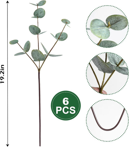 6pcs Real Touch Artificial Faux Eucalyptus Stems Dual-Sided Lifelike Leaves Fake Eucalyptus Greenery Plants for Wedding Flower Arrangement Centerpiece Bouquet Home Office Decor(Gray Green)