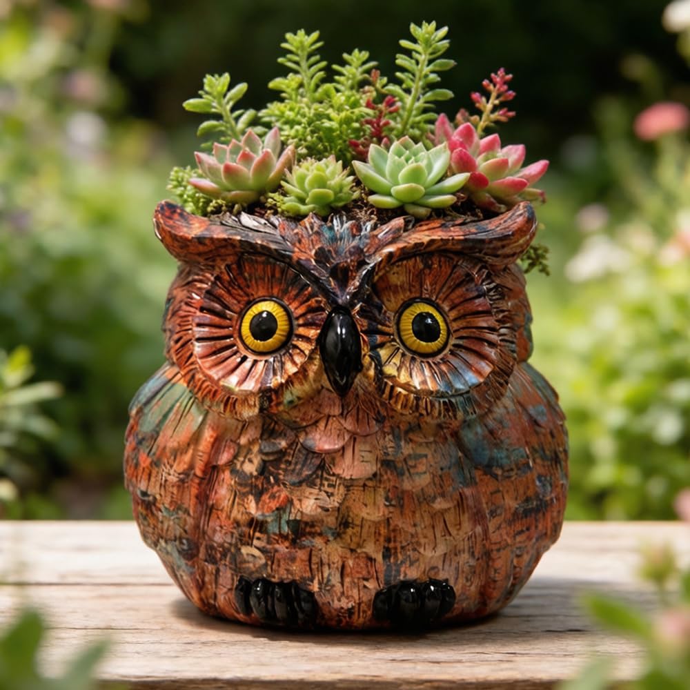 Owl Planter, Owl Succulent Pots, Funny Plant Pots Indoor/Outdoor, Decorative Garden Flower Pot, Cute Small Planters for office Home Decor, Unique Statue Figurine Gifts for Women Mother Teacher Red