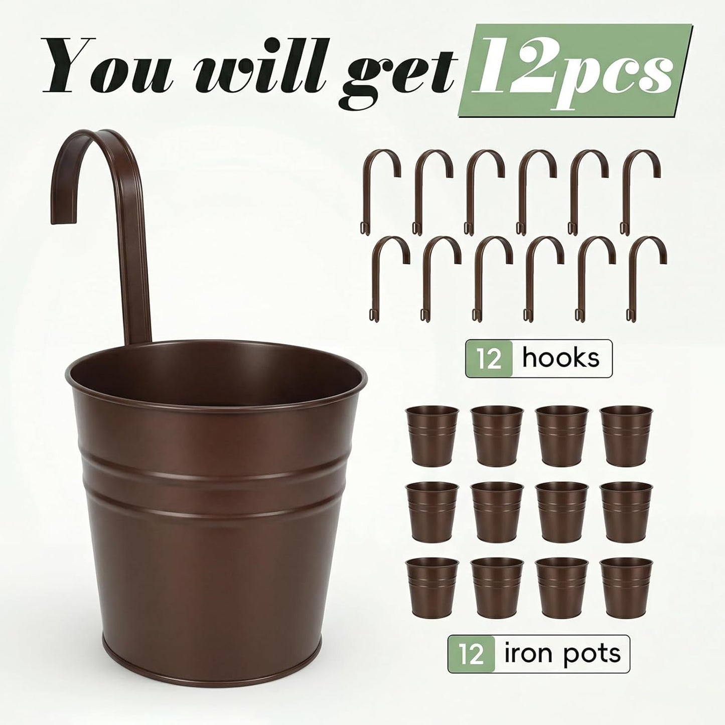 HowRU Metal Iron Flower Pots for Railing Fence Hanging Bucket Pots(5 Pcs) and Hanging Flower Pots Metal Iron Bucket Planter(10 Pcs) (Black)