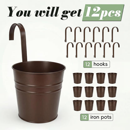 HowRU Metal Iron Flower Pots for Railing Fence Hanging Bucket Pots(5 Pcs) and Hanging Flower Pots Metal Iron Bucket Planter(10 Pcs) (Black)