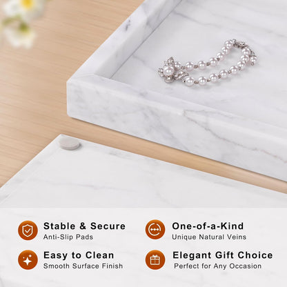 Marble Bathroom Tray for Countertop & Home Decor, Natural Decorative Marble Tray for Jewelry & Perfume Organizer, Luxury Stone Vanity Trays for Dresser, Kitchen Counter, 12" x 8", Gray Black