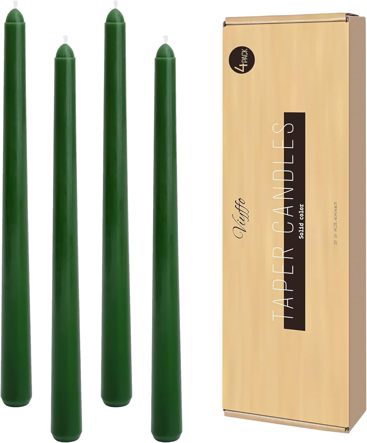 Viyffo Taper Candles, 10 Inch, 4 Pack, Olive Glow – Unscented, Dripless & Smokeless Design, Up to 8 Hour Burn – Long Tall Taper Candlesticks for Wedding, Dinner & Home Decor