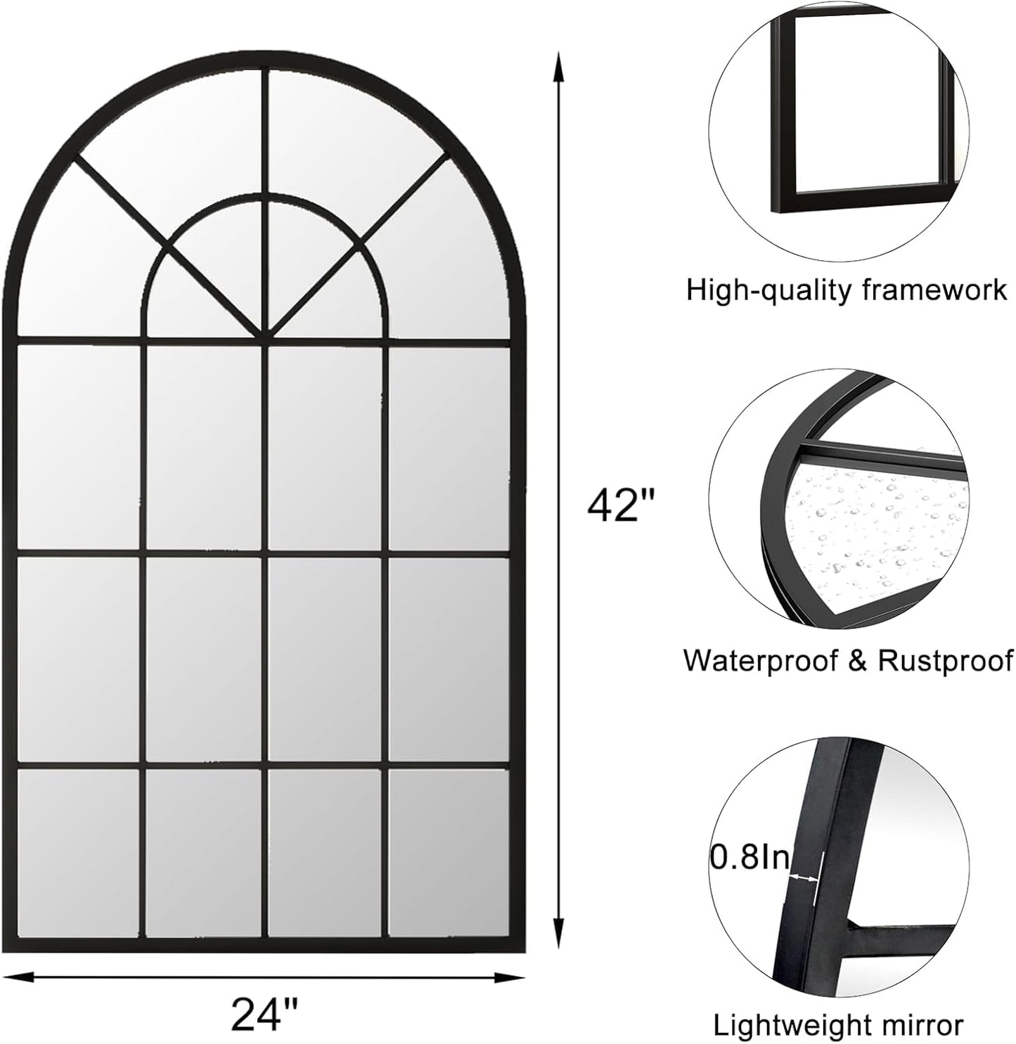 Dewfig 65"x 22" Arched Window pane Full Length Mirror, Wall Mirror, Floor Standing Mirrors, Farmhouse Long Full Body Mirrors Wall Mounted for Living Room, Bedroom, Entryway, Fireplace, Black