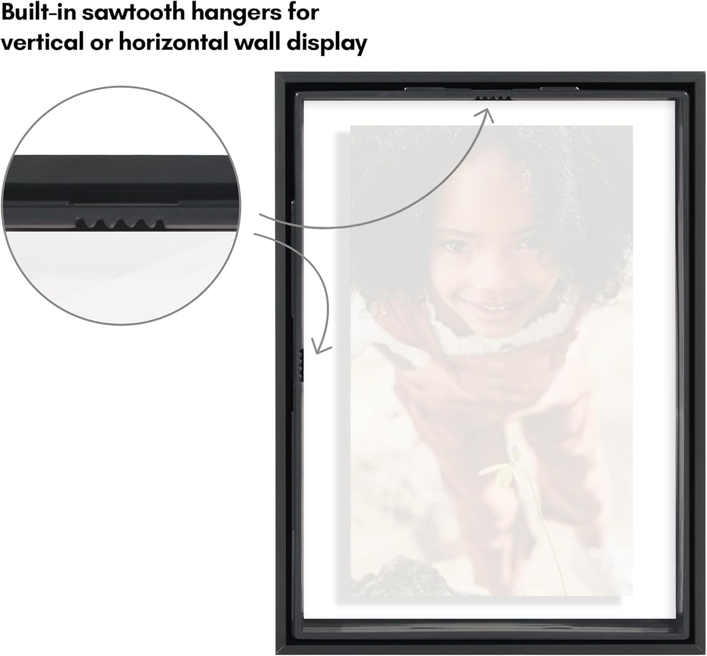 Americanflat Aluminum 11x14 Floating Picture Frame with Shatter-Resistant Glass - Use as 8x10 Picture Frame or Display 11x14 Photo - Signature Float Collection - Photo Frames for Wall Display - Black