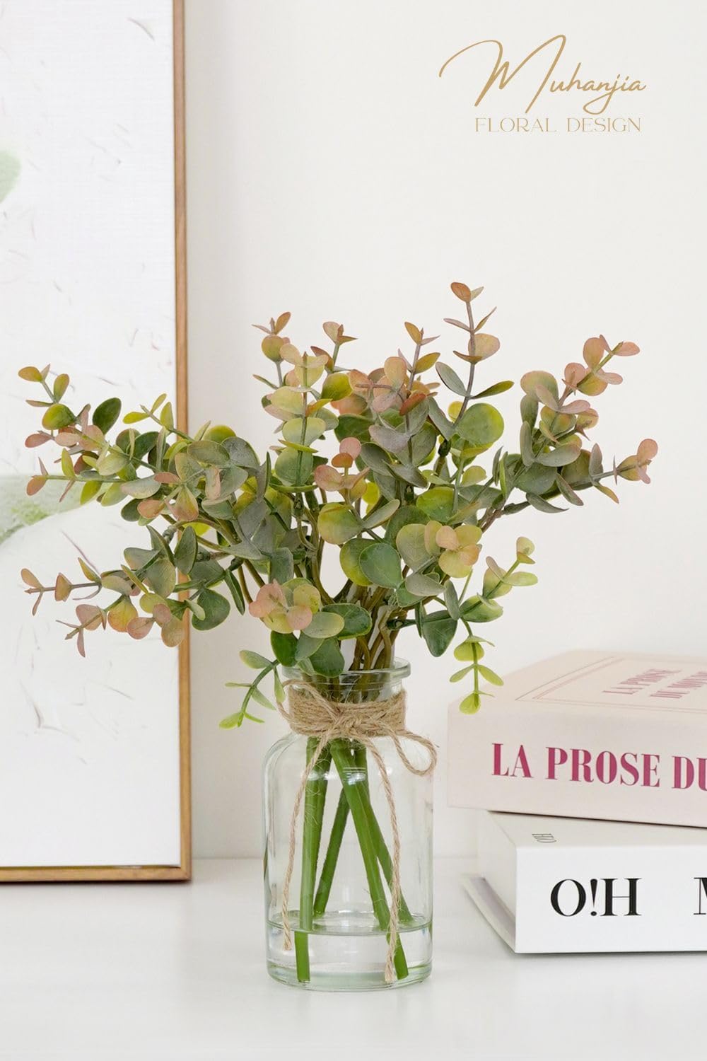 Muhanjia Artificial Eucalyptus Stems in Glass Vase with Faux Water,3Pcs Fake Plant with Double-Sided Green Leaves for Centerpiece(Double-Sided Green Eucalyptus)