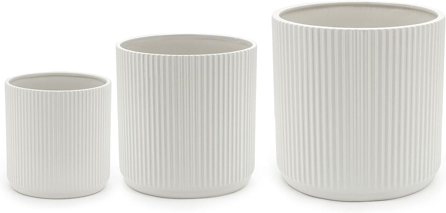 Amazon Basics Fluted Ceramic Round Planter with Drainage Hole, Indoor Outdoor Flower Pot, 10-inch, White