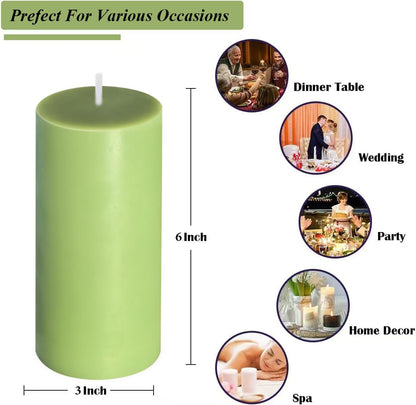 2 Pack 3x6 Inch Sage Green Unscented Pillar Candles - 70 Hour Long Burning Dripless Smokeless Candles for Home Decor Weddings Festivals Spa Meditation