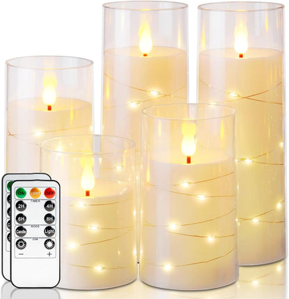 Homemory Flameless Candles with Embedded Star String Fairy Lights, Battery Operated Candles, LED Candle, Fake Candles with Remote Control and Timer for Halloween, Gray Acrylic, Set of 5(H4"5"6"8"8")