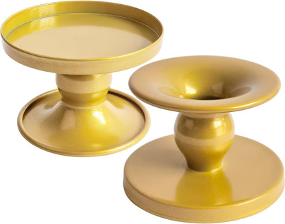 Table Gold Candle Holders – Set of 2 | Reversible Metal Candle Stand for Pillar & Taper Candles | Stylish Tabletop Candle Tray for Home Décor, Weddings & Special Occasions (Gold)