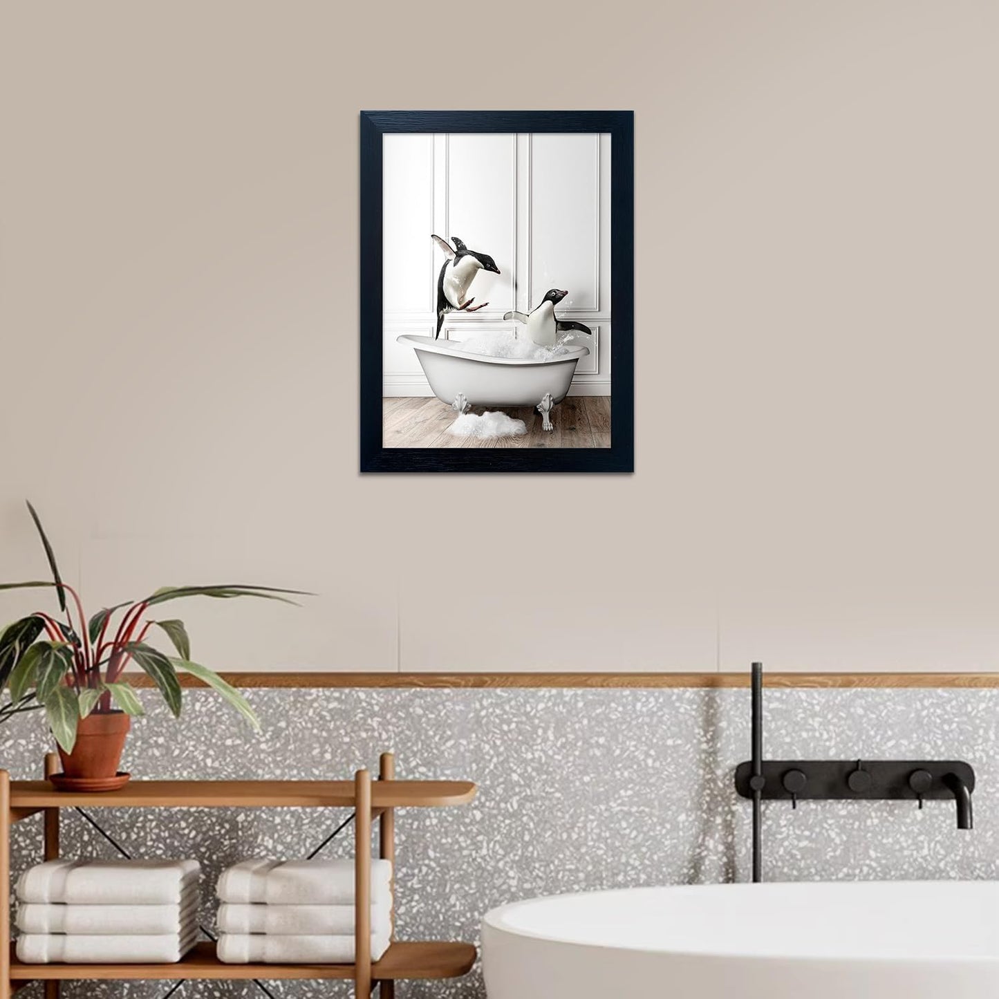 Bathroom Picture Wall Decor, Framed Black and White Bathroom Wall Art, Toilet Paper in Little Funny Raccoon's Hand Animal Canvas Print Painting