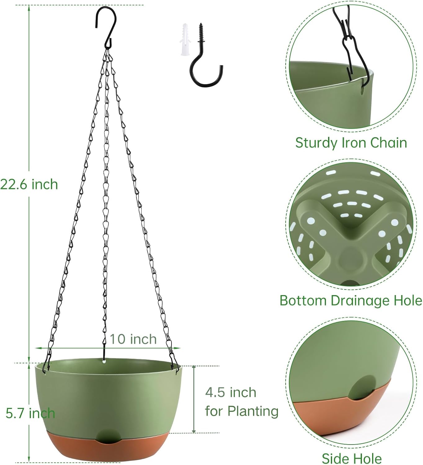 Set of 2 Hanging Planters for Indoor Outdoor Plants, 8 Inch Self-Watering Hanging Flower Pots with Drainage Hole & Removable Water-Storage Tray (Hooks)
