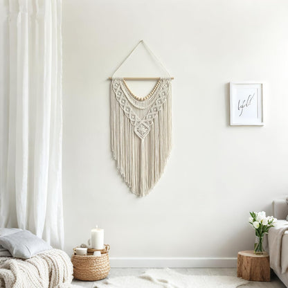 guzhiou Macrame Wall Hanging Boho Geometric Woven Tapestry Cotton Handmade Bohemian Art Decor with Wood Bead Wall Decor for Bedroom Living Room Apartment Nursery 31.5" L x 17" W (Wood bead-B)