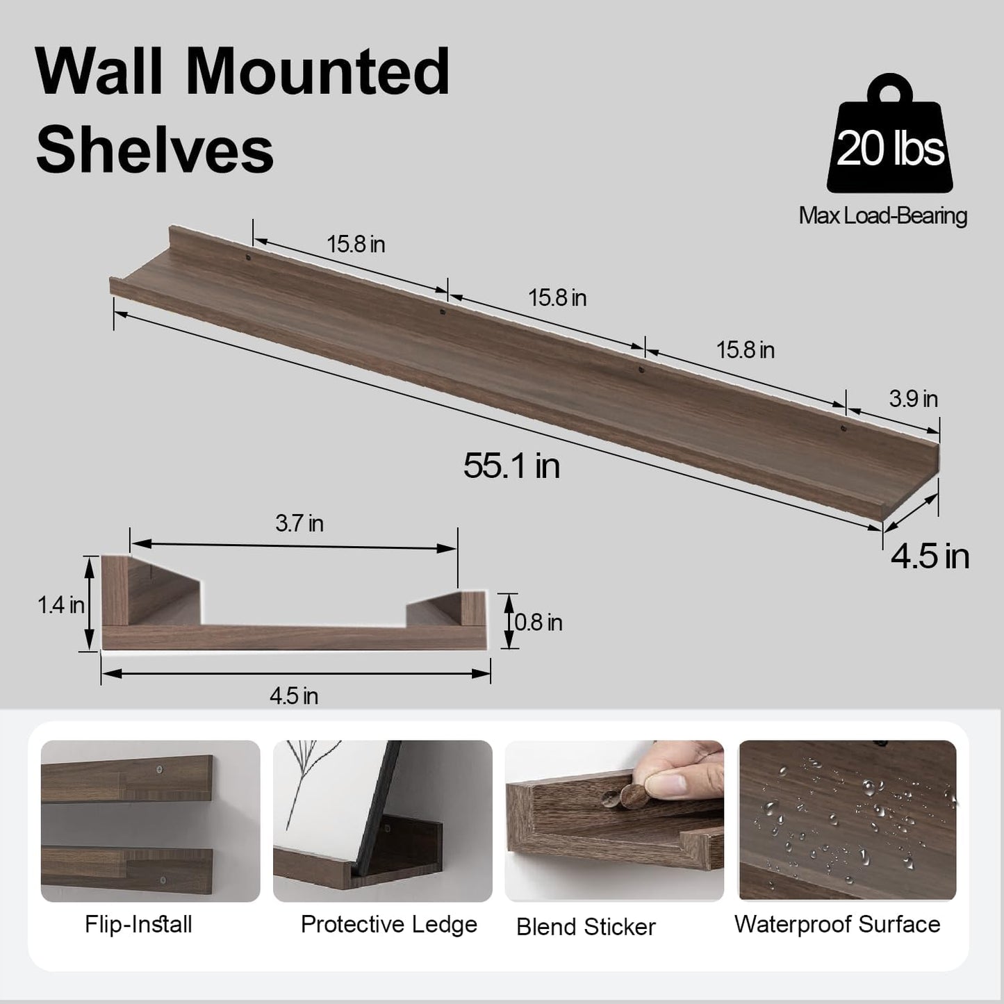 White Floating Shelves for Wall Decor, Wall Mounted Wood Storage Shelf for Bedroom, Living Room, Bathroom, Kitchen, Nursery, Display Picture Ledge Shelf with Lip Set of 2-14 Inches, White