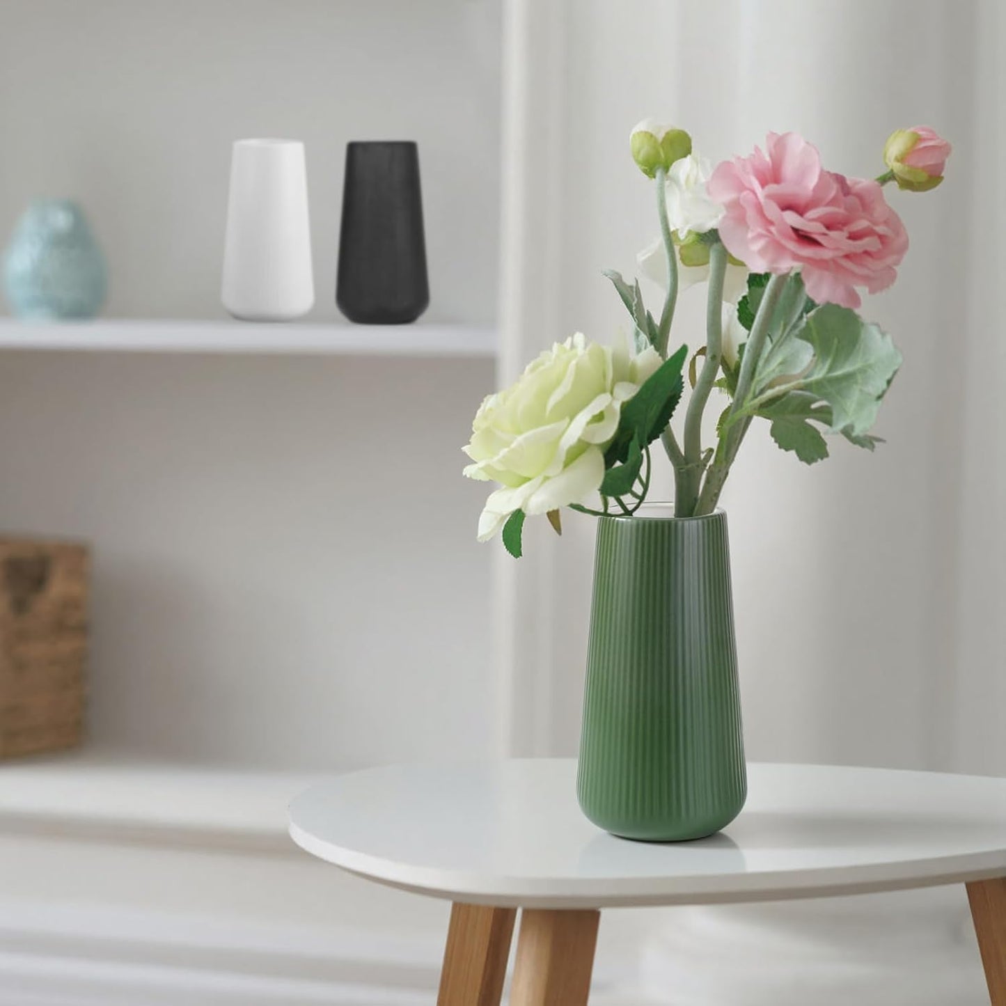 White Ceramic Vase, GUKJOB Small Cute Flower Vase for Pampas Grass, Home, Living Room, Dining Table, Farmhouse, Office Decor, Bedroom, Table, and Kitchen Shelf (White)