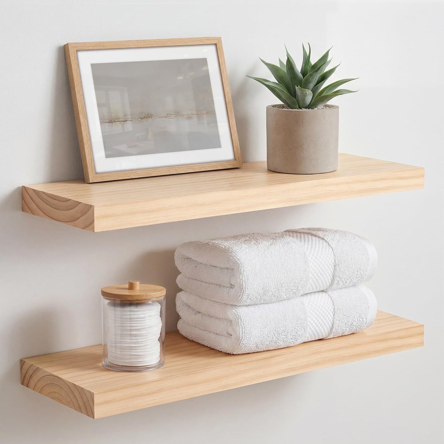 Homeforia 24 inch Natural Floating Shelf, High End Solid Real Wood 24inch Small Floating Shelves for Wall Mounted, Natural Wooden Floating Shelves, Heavy Duty Bracket, 24 X 6.5 X 1.75 in, Set of 2