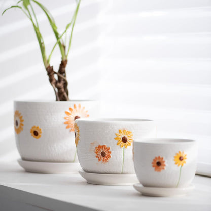 Ton Sin Grey Flower Pots, Texture Planter for Indoor Plants Set of 3 Ceramic Flower Pots with Saucer, Cute Garden Pots Succulent Pots, 6.75/5.6/4.2 Inch, Indoor Outdoor Home Garden Decor