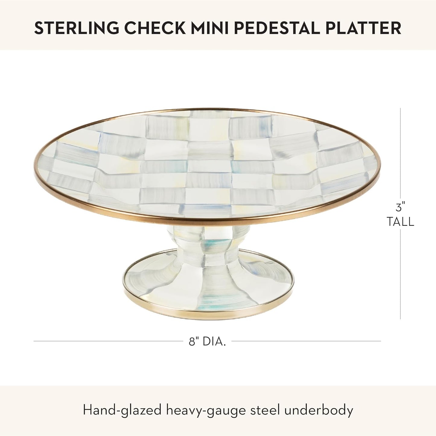 MACKENZIE-CHILDS Enamel Pedestal Serving Platter, Decorative Serving Dish for Food, Small, Black-and-White Courtly Check