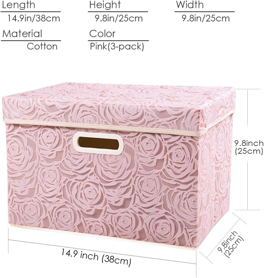 PRANDOM Larger Collapsible Storage Bin with Lid [1-Pack] Fabric Decorative Storage Box Cube Organizer Container Baskes with Handles Divider for Bedroom Closet Living Room Pink 17.7x11.8x11.8 Inch