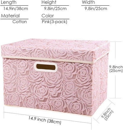 PRANDOM Larger Collapsible Storage Bin with Lid [1-Pack] Fabric Decorative Storage Box Cube Organizer Container Baskes with Handles Divider for Bedroom Closet Living Room Pink 17.7x11.8x11.8 Inch