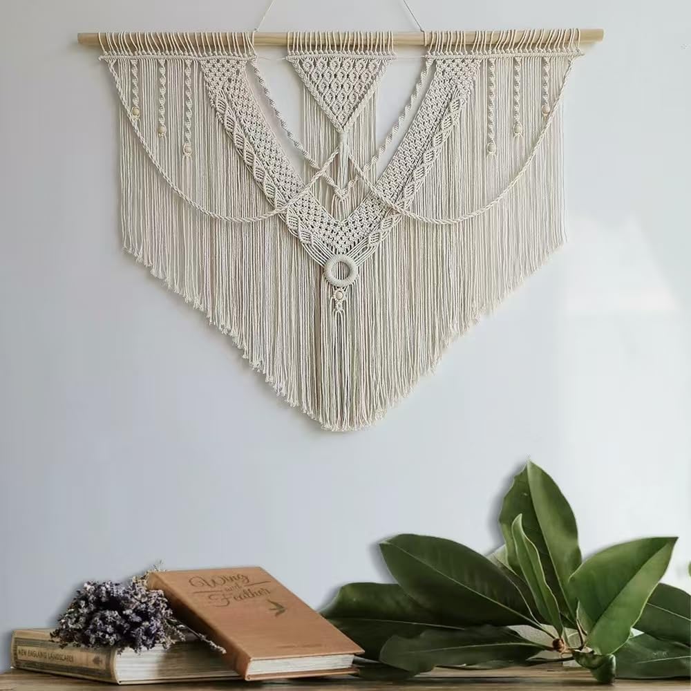 oiikain Large Handmade Boho Macrame Wall Hanging Tapestry - Chic Bohemian Woven Home Decor art for Living Room, Bedroom, and Wedding Parties (Beige, twelve rhombus)