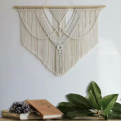 oiikain Large Handmade Boho Macrame Wall Hanging Tapestry - Chic Bohemian Woven Home Decor art for Living Room, Bedroom, and Wedding Parties (Beige, twelve rhombus)