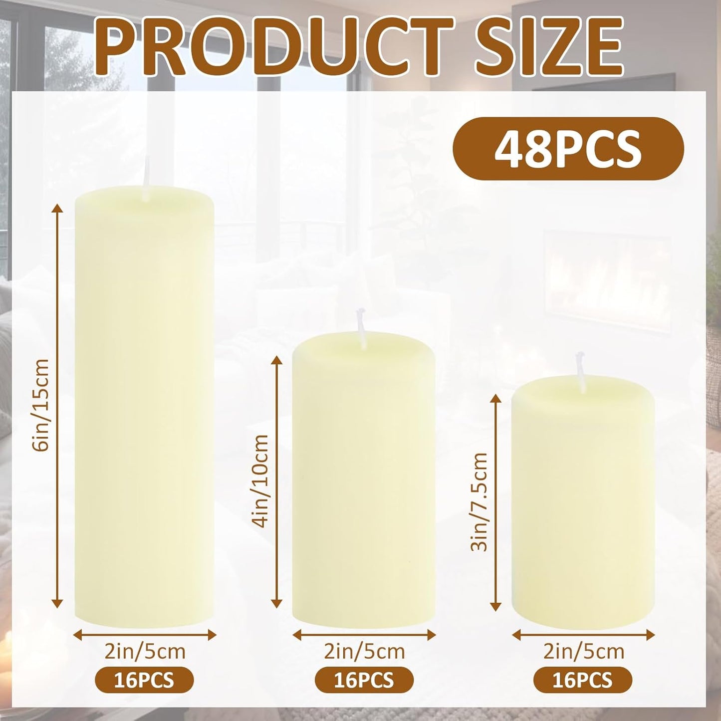 12-Pack Ivory Unscented Pillar Candle Set - 2x3, 2x6, 2x8-inch Long-Burning Drip-Free Tapers, 4 Per Size. Ideal for Home Decor, Weddings, Emergencies, and Holidays.