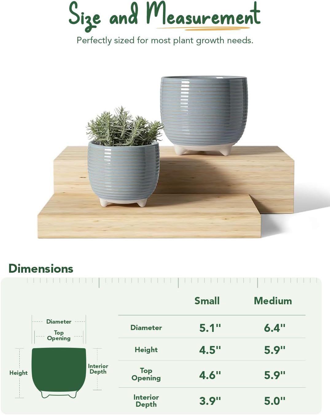 LE TAUCI Ceramic Plant Pots, 5.1 + 6.4 Inch Footed Pots for Plants, Modern Flower Pots for Home and Office, Indoor Planters with Drainage, Reactive Glaze White