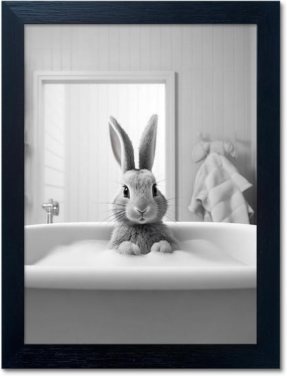 Bathroom Picture Wall Decor, Framed Black and White Bathroom Wall Art, Toilet Paper in Little Funny Raccoon's Hand Animal Canvas Print Painting