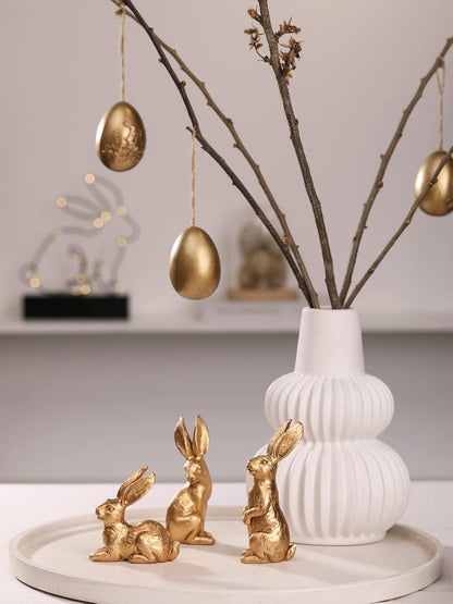 DN DECONATION Golden Polyresin Bunny Decor Rabbit Figurines, Easter Bunny Statue Set of 3 for Spring Tabletop Decor