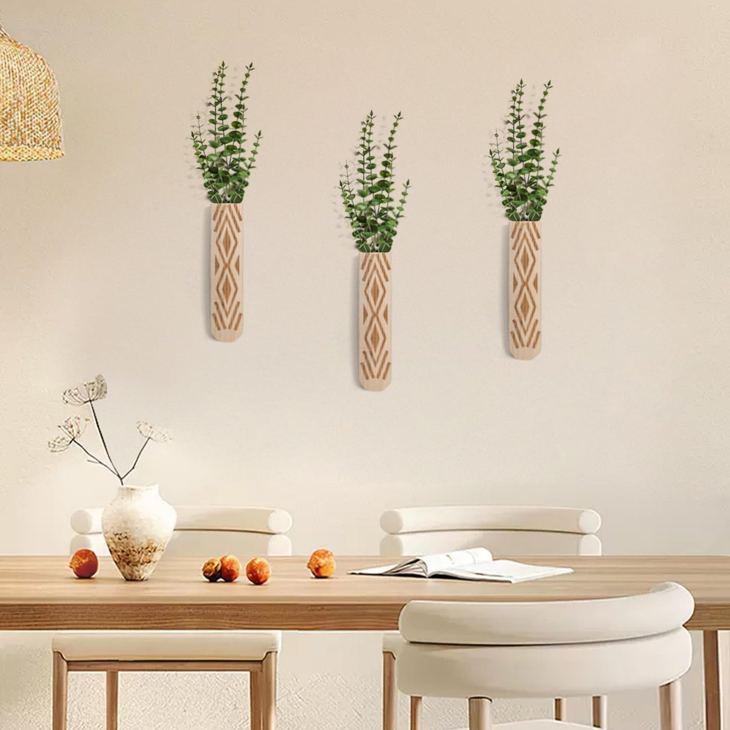 Wooden Wall Planter Set of 4 - Modern Home Decor for Living Room, Bedroom, Bathroom - Walnut Finish Planter for Dried Flowers, Faux Greenery, Indoor Plants