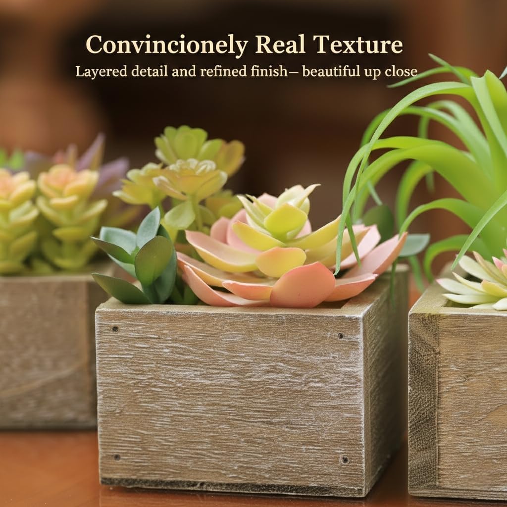 Succulent Plants Artificial, 3 Pack Small Fake Plants in Wood Pot for Home Decor, Farmhouse Artificial Plants Indoor for Living Room Bathroom Bedroom Office Kitchen Desk Wedding Coffee Table Decor