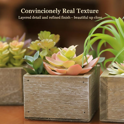 Succulent Plants Artificial, 3 Pack Small Fake Plants in Wood Pot for Home Decor, Farmhouse Artificial Plants Indoor for Living Room Bathroom Bedroom Office Kitchen Desk Wedding Coffee Table Decor