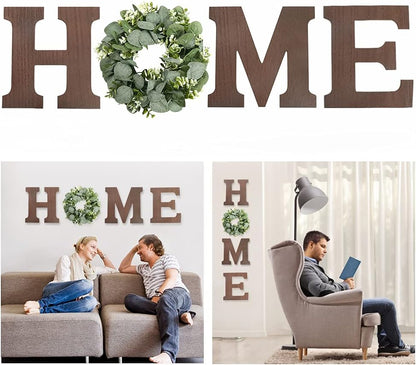 Pinkpum Wood Home Sign with Artificial Eucalyptus Wreath for O, Hanging Farmhouse Wall House Decor Wood Letters for Wall Art Rustic Home Decor, Wall Decor for Living Room Kitchen Entryway (Black)