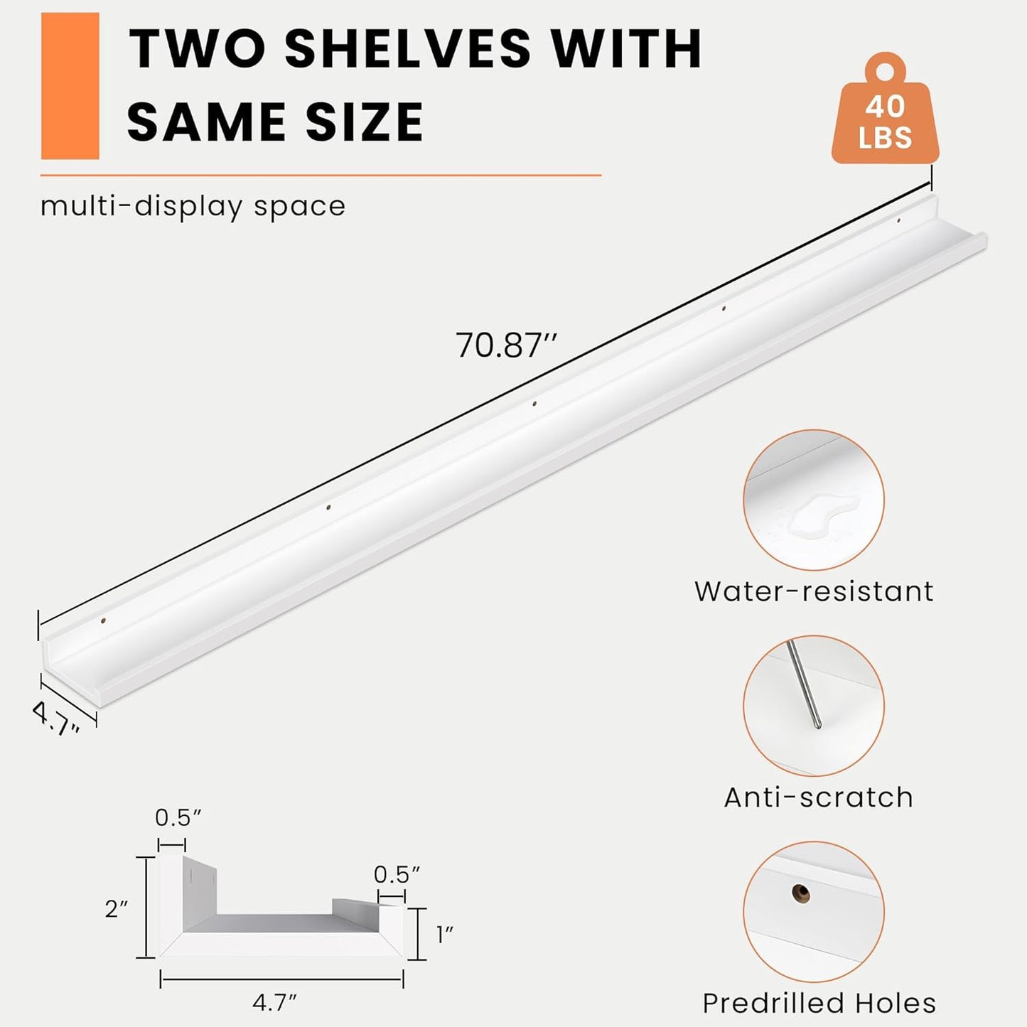 Heimlove Picture Ledge Shelf, Floating Shelves Set of 2, 24 Inches Picture Shelf for Wall with Ledge, Kids Bookshelf Wall Mounted for Living Room Bedroom Decor Books Photo Frames - White