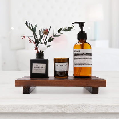 Renawe Farmhouse Bathroom Counter Tray Wood Display Pedesta Stand Kitchen Countertop Trays Decorative Wooden Riser Dish Soap Dispenser Holder for Bathroom Sink Accessories Kitchen Decor Vanity Tray