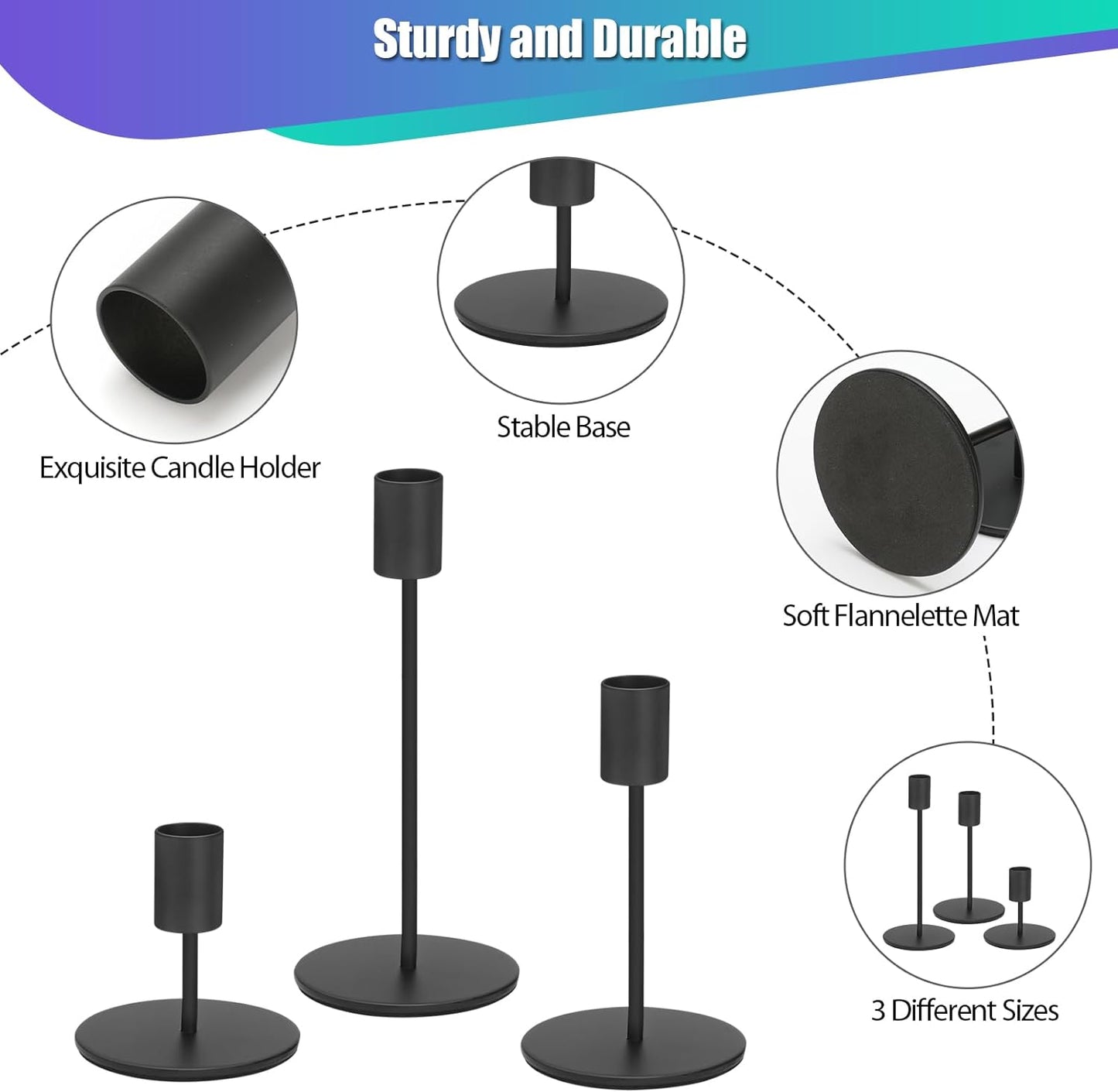 Set of 6 Black Candlestick Holders - Decorative for Home Decor, Wedding, Dining, Party, Anniversary