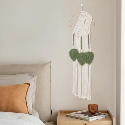 LB Boho Macrame Wall Hanging - Green and Beige Handmade Cotton Woven Decor, Modern Geometric Bohemian Tapestry Wall Decor for Bedroom Living Room Home (31.5"x9.84") Nature-Inspired Room Decor
