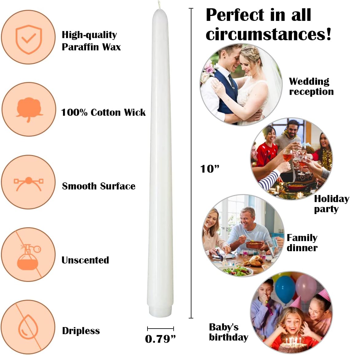 NIKY 10 inch Taper Candles for Christmas, Set of 12 Unscented Dripless Candlesticks - 8 Hours Long Burning for Home Decor, Wedding, Parties and Special Occasions (Ivory)