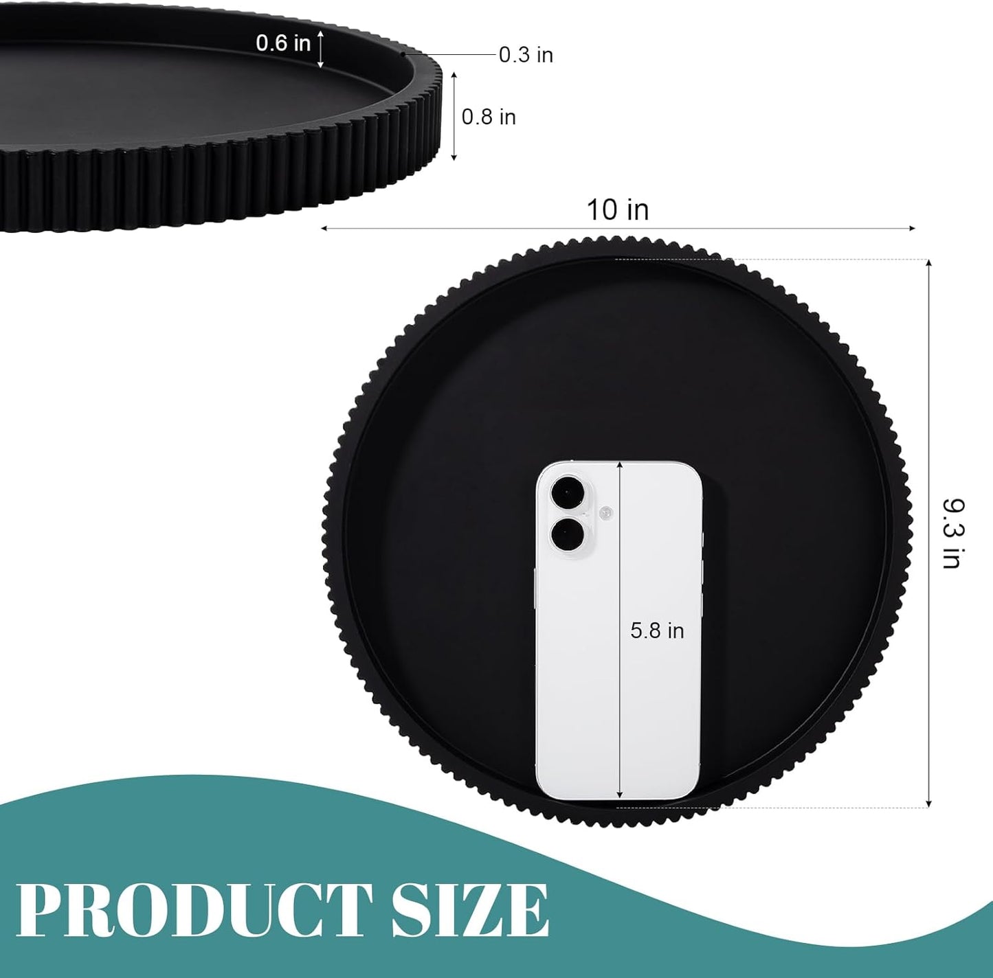 Silicone Bathroom Tray Round Kitchen Counter Organizer Decorative Vanity Accessories Coffee Table Decor for Perfume, Candle, Soap Dish, 9 Inch, Black