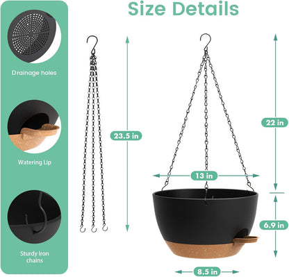 UOUZ 13 Inch 2 Pack Large Self Watering Hanging Planters for Indoor Outdoor Plants, Hanging Plant Pots with Removable 50 Oz Reservoir, Plastic Hanging Basket for Window Porch Garden Balcony, Black