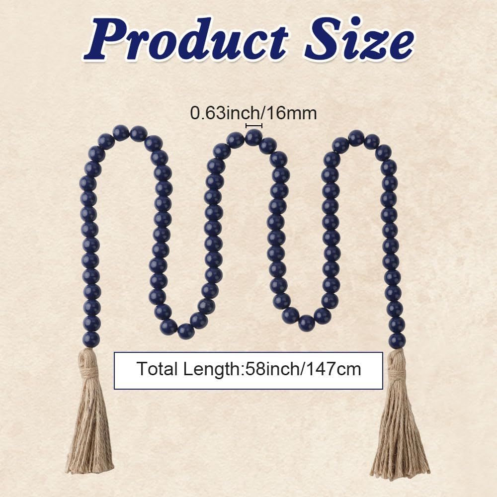 Wood Bead Garland 58 Inch Nature Wooden Beads for Boho Farmhouse Table Home Decor with Tassel, Wooden Prayer Bead, Rustic Country Boho Wall Hanging Decor for Kitchen Modern Living Room Tray Vase Shelf