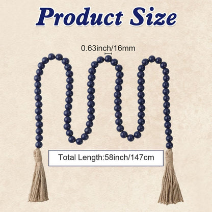 Wood Bead Garland 58 Inch Nature Wooden Beads for Boho Farmhouse Table Home Decor with Tassel, Wooden Prayer Bead, Rustic Country Boho Wall Hanging Decor for Kitchen Modern Living Room Tray Vase Shelf