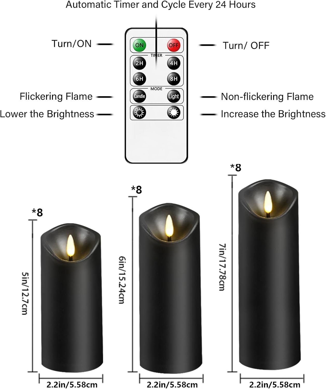 kakoya Flickering Flameless Candles Battery Operated with Remote and 2/4/6/8 H Timer Acrylic Led Pillar Candles Pack of 9 (appr D2.3"xH5.5"6.5"7.5")with Realistic 3D Wick Candles for Home Decor(White)